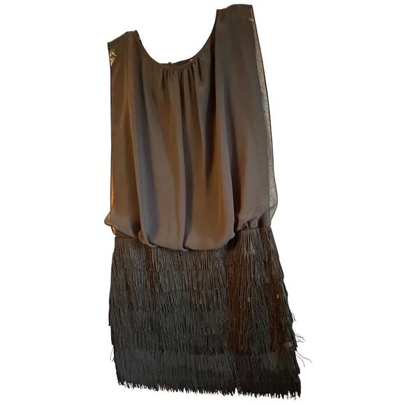 Aidan By Aidan Mattox Black Chiffon & Fringe Sexy Mini Dress Sz 6 Mob Wife Goth - Picture 8 of 16